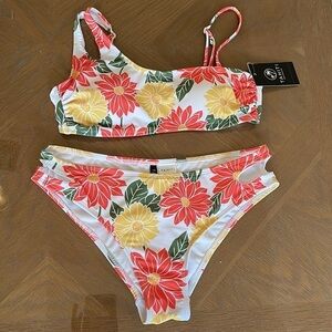 TAHITI Floral Bikini Swimsuit Set Size S Cut Out Hipster Bottom